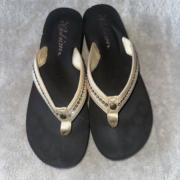 Cobian Flip Flops Women 8 Tiffany II Mid-Wedge Gold Rhinestones Cushioned - Picture 2 of 7